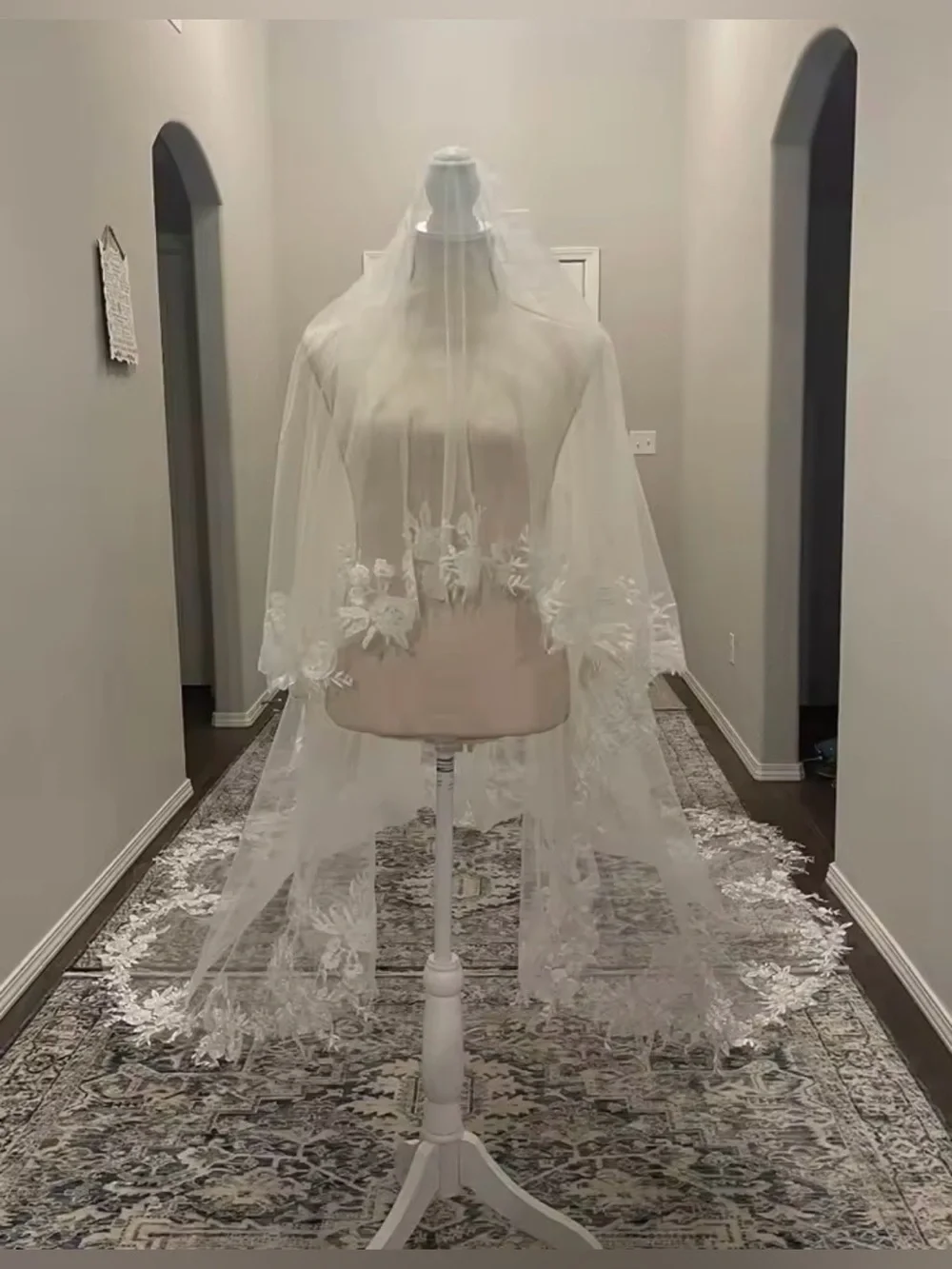 Cathedral-Length Bridal Veil with Floral Lace Appliqué - ivory